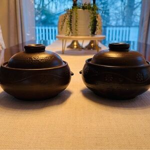 Vintage Brown Stoneware Mini Covered Bowls
Set of 2 Rustic Ceramic Lidded Dishes